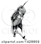 Clipart Of A Vintage Black And White Sketched Soldier Walking In The Night Royalty Free Vector Illustration