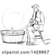 Poster, Art Print Of Vintage Black And White Sketched Man Playing With A Boat In A Bucket
