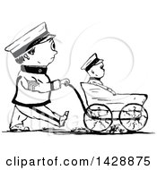 Clipart Of A Vintage Black And White Sketched Male Soldier Walking His Son In A Stroller Royalty Free Vector Illustration