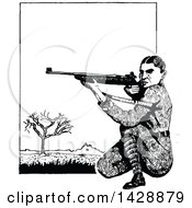 Poster, Art Print Of Vintage Black And White Sketched Soldier Shooting