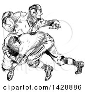 Clipart Of Vintage Black And White Sketched Football Players Royalty Free Vector Illustration
