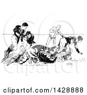 Clipart Of Vintage Black And White Sketched Football Players Royalty Free Vector Illustration