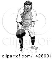 Clipart Of A Vintage Black And White Sketched Baseball Player Catcher Royalty Free Vector Illustration