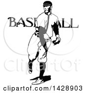 Clipart Of A Vintage Black And White Sketched Baseball Player Royalty Free Vector Illustration