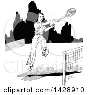 Clipart Of A Vintage Black And White Sketched Tennis Player Royalty Free Vector Illustration by Prawny Vintage