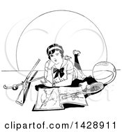 Poster, Art Print Of Vintage Black And White Sketched Woman With Sports Equipment