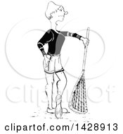 Clipart Of A Vintage Black And White Sketched Lacrosse Player Royalty Free Vector Illustration