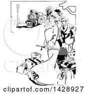 Clipart Of A Vintage Black And White Sketched Couple At A Train Station Royalty Free Vector Illustration