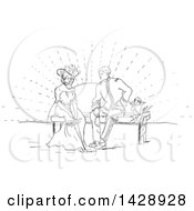 Poster, Art Print Of Vintage Black And White Sketched Cherub And Couple On A Bench At Sunset