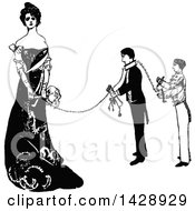 Clipart Of A Vintage Black And White Sketched Lady Chained To Two Men Royalty Free Vector Illustration