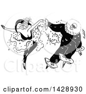 Clipart Of A Vintage Black And White Sketched Clown Couple Dancing Royalty Free Vector Illustration