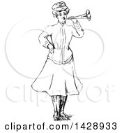 Clipart Of A Vintage Black And White Sketched Lady Blowing A Horn Royalty Free Vector Illustration