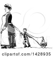 Poster, Art Print Of Vintage Black And White Sketched Maid And Boy Pulling A Milk Wagon