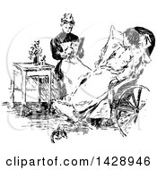 Clipart Of A Vintage Black And White Sketched Woman Tending To A Sick Child Royalty Free Vector Illustration