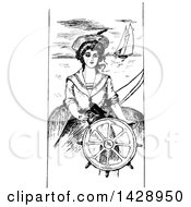 Clipart Of A Vintage Black And White Sketched Nautical Woman At A Helm Royalty Free Vector Illustration