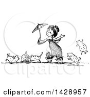 Vintage Black And White Woma Holding An Umbrella Surrounded By Her Cats