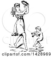 Vintage Black And White Sketched Woman Playing A Tambourine And Dancing With A Cherub