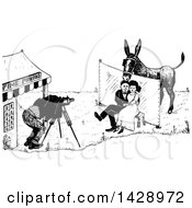 Clipart Of A Vintage Black And White Sketched Couple Posing Under A Donkey Royalty Free Vector Illustration by Prawny Vintage