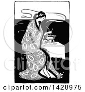 Clipart Of A Vintage Black And White Sketched Woman Eating Fondue Royalty Free Vector Illustration