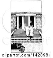 Poster, Art Print Of Vintage Black And White Rear View Of A Sketched Couple Going Up Steps