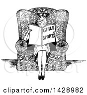 Clipart Of A Vintage Black And White Sketched Woman Reading About Girls Sports Royalty Free Vector Illustration