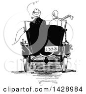 Poster, Art Print Of Vintage Black And White Rear View Of A Sketched Couple In A Car