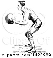 Clipart Of A Vintage Black And White Sketched Basketball Player Royalty Free Vector Illustration