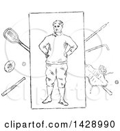 Poster, Art Print Of Vintage Black And White Sketched Male Athlete And Equipment