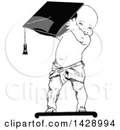 Poster, Art Print Of Vintage Black And White Sketched Baby Boy Holding A Graduation Cap