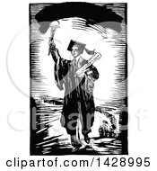 Poster, Art Print Of Vintage Black And White Sketched Male Graduate Holding A Torch And Leading A Line