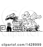Clipart Of A Vintage Black And White Sketched Clown Reading Royalty Free Vector Illustration