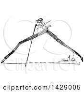 Clipart Of A Vintage Black And White Very Long Legged Man Walking With A Cane Royalty Free Vector Illustration