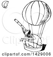 Poster, Art Print Of Vintage Black And White Man In A Hot Air Balloon Looking At The Man On The Moon With A Telescope