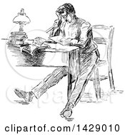 Poster, Art Print Of Vintage Black And White Sketched Stressed Man Sitting At A Desk