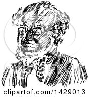 Clipart Of A Vintage Black And White Sketched Balding Man Wearing Glasses Royalty Free Vector Illustration