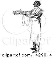Poster, Art Print Of Vintage Black And White Sketched Waiter Serving Food