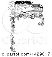 Clipart Of A Vintage Black And White Sketched Woman Reading And Floral Border Royalty Free Vector Illustration