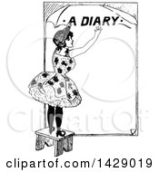 Clipart Of A Vintage Black And White Sketched Woman On A Stool With A Diary Text Royalty Free Vector Illustration