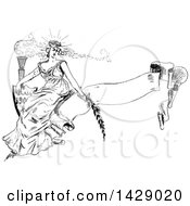 Clipart Of A Vintage Black And White Sketched Woman Sitting On A Banner With A Torch Royalty Free Vector Illustration