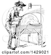 Poster, Art Print Of Vintage Black And White Sketched Man Sharpening An Axe