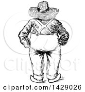 Clipart Of A Vintage Black And White Sketched Rear View Of A Chubby Famer Royalty Free Vector Illustration