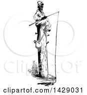 Poster, Art Print Of Vintage Black And White Sketched Man Sitting On A Post And Fishing