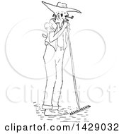 Clipart Of A Vintage Black And White Sketched Male Farmer Smoking A Pipe Royalty Free Vector Illustration