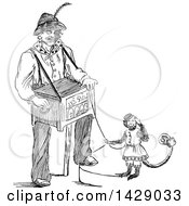 Poster, Art Print Of Vintage Black And White Sketched Man With A Music Box And Monkey