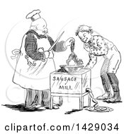Clipart Of A Vintage Black And White Sketched Man And Boy Putting A Cat In A Sausage Mill Royalty Free Vector Illustration