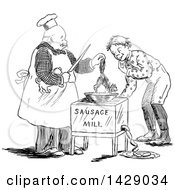 Poster, Art Print Of Vintage Black And White Sketched Man And Boy Putting A Cat In A Sausage Mill