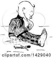 Clipart Of A Vintage Black And White Sketched Boy Playing With A Toy Soldier Royalty Free Vector Illustration