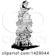 Poster, Art Print Of Vintage Black And White Sketched Professor On A Pile Of Books