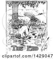 Vintage Black And White Sketched Nude Man Diving Into A Pond With The End Text