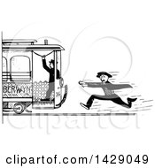 Poster, Art Print Of Vintage Black And White Sketched Man Chasing A Train